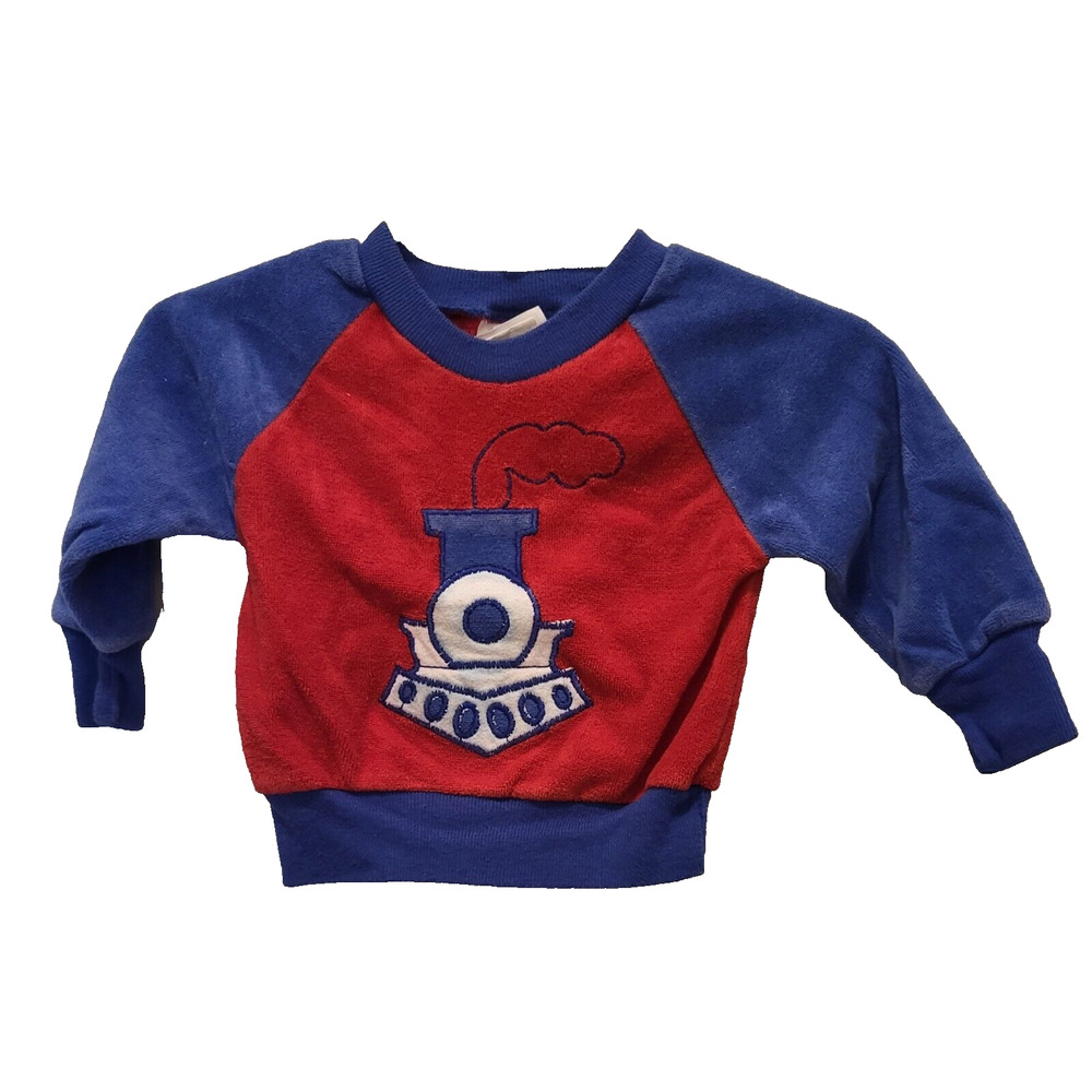 1980s BUSTER BROWN Pullover Fleece Long Sleeves Red Blue Train 6-9M US Made YK